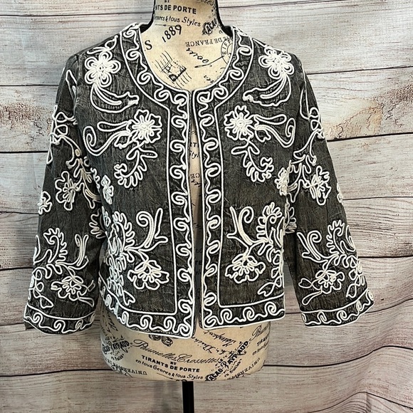 Soft Surroundings Wildwood Bolero Jacket Gray Acid Wash Textured Floral Small - Picture 2 of 11